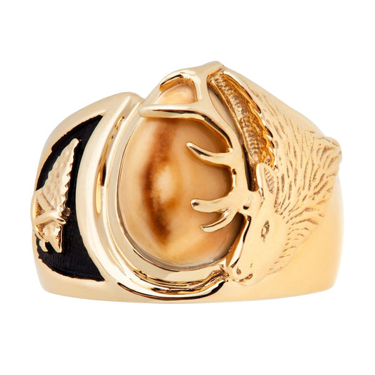 10K yellow gold men's elk ivory arrowhead ring featuring black enamel accent