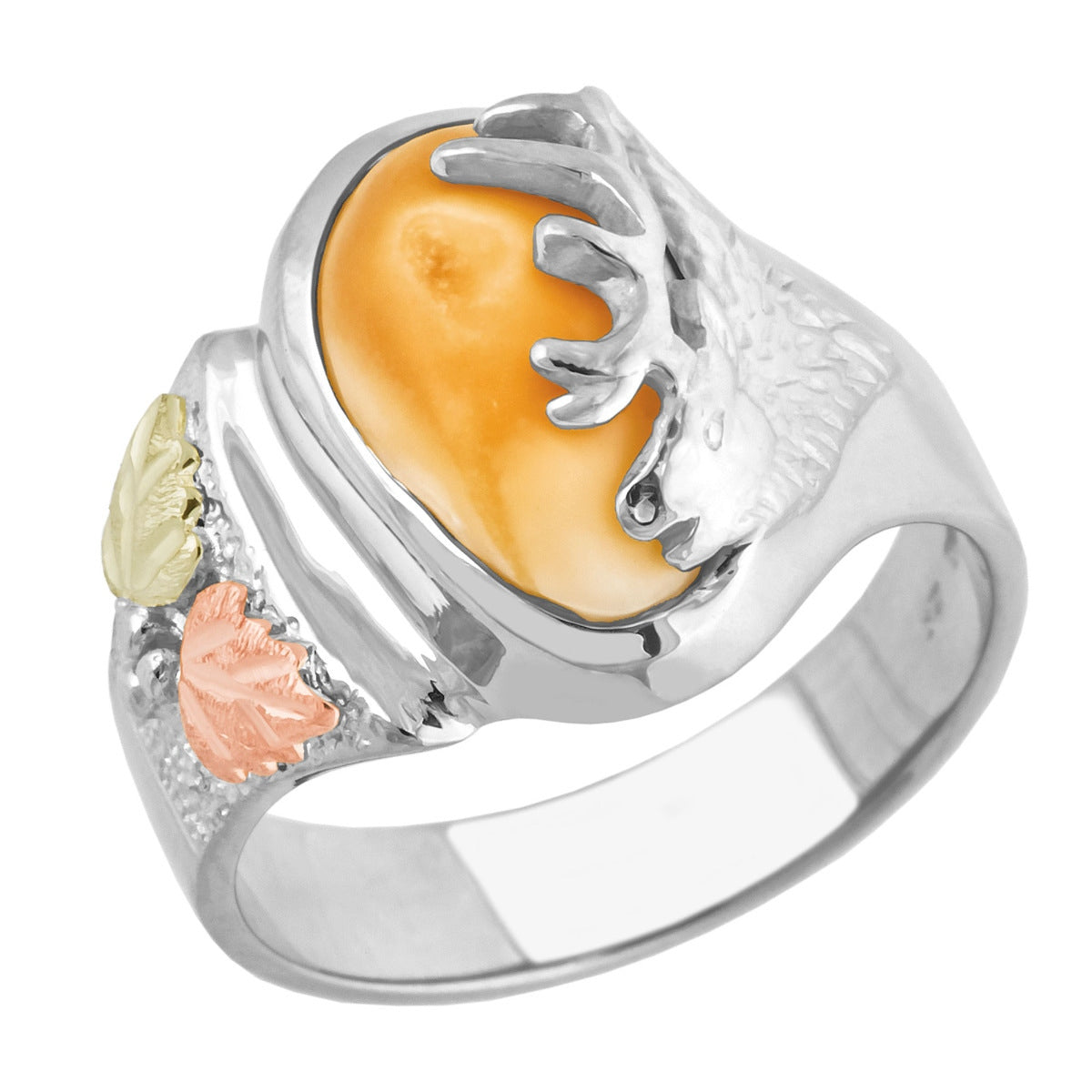 Sterling silver women's elk ivory Black Hills Gold ring, Monarch design