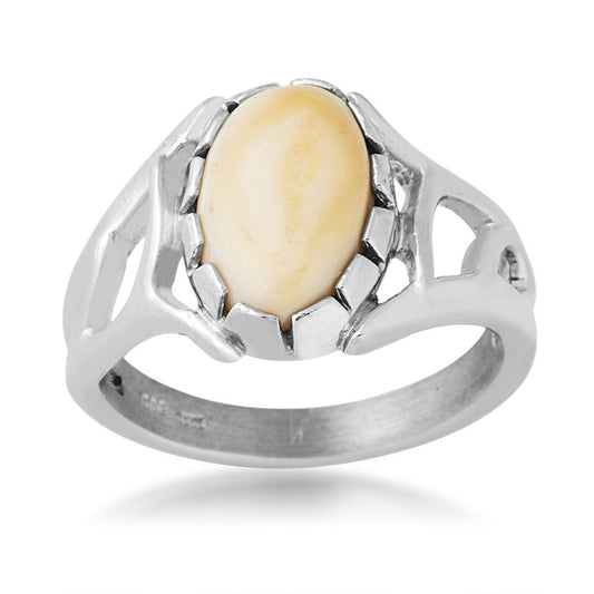Sterling silver men's elk ivory cabochon cut ring