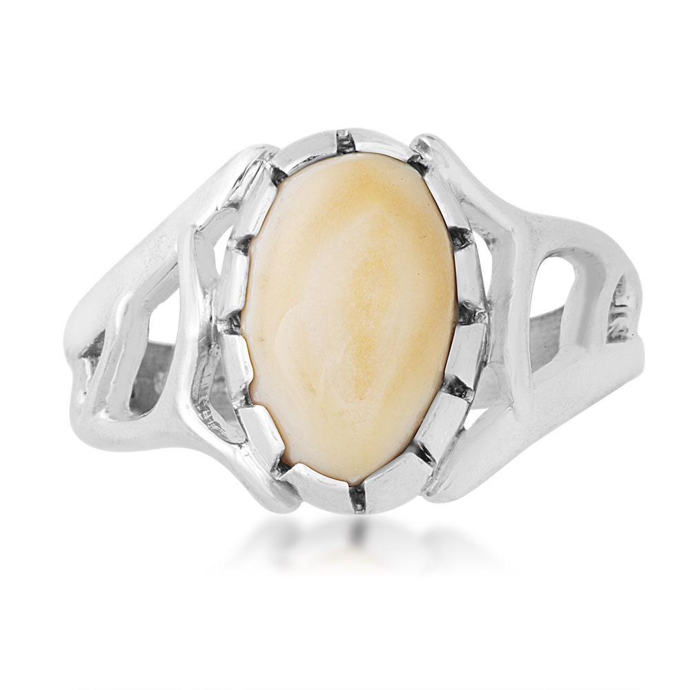 Sterling silver men's elk ivory cabochon cut ring