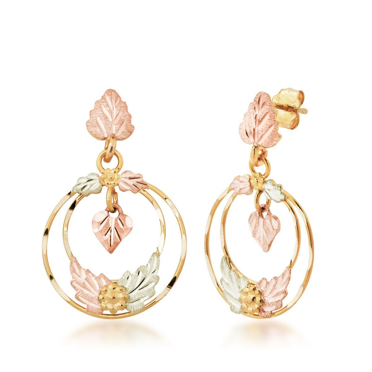 10K yellow gold diamond cut double circle dangle earrings featuring pink leaf center by Mt. Rushmore Black Hills Gold