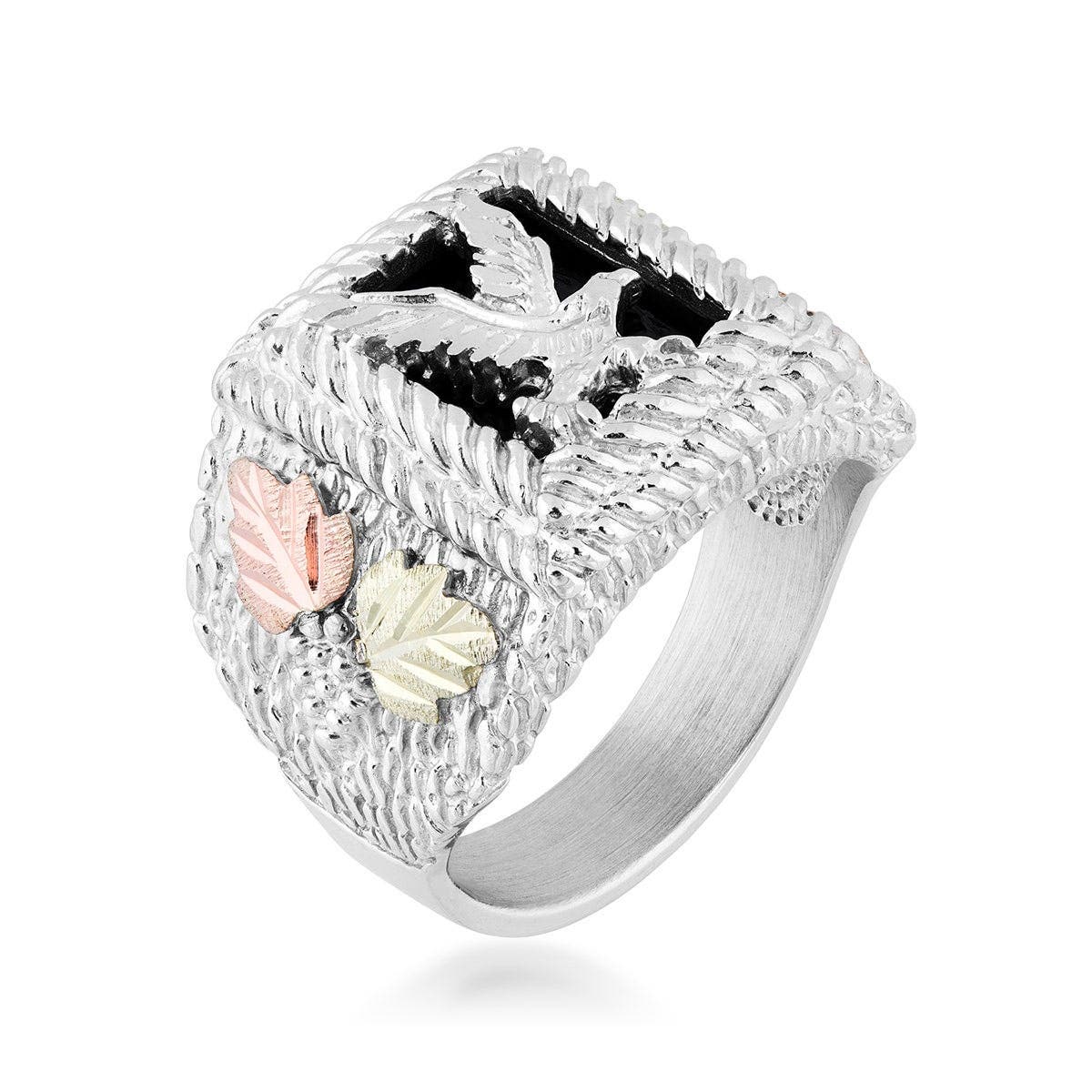 Sterling silver men's rectangle onyx rope textured eagle ring by Mt. Rushmore Black Hills Gold