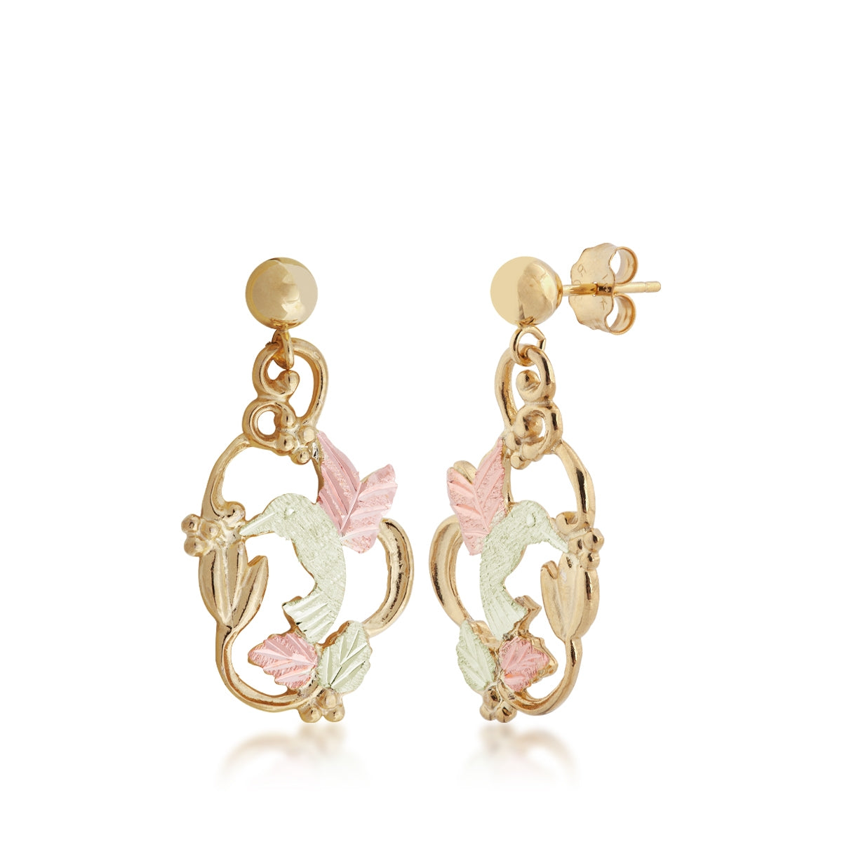 10K yellow gold hummingbird and flower open dangle earrings by Landstrom's Black Hills Gold