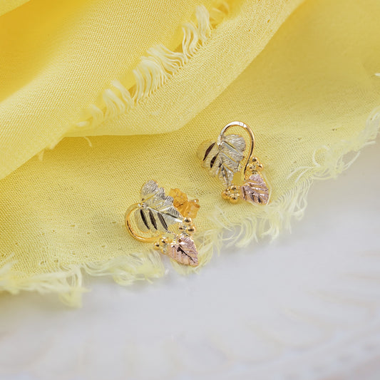 10K yellow gold double leaf and grape cluster earrings by Landstrom's Black Hills Gold, styled view