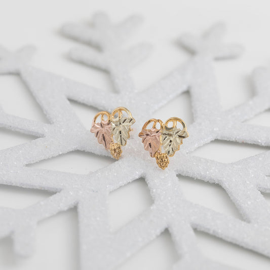 10K yellow gold double leaf and grape cluster tapered earrings by Landstrom's Black Hills Gold, styled view