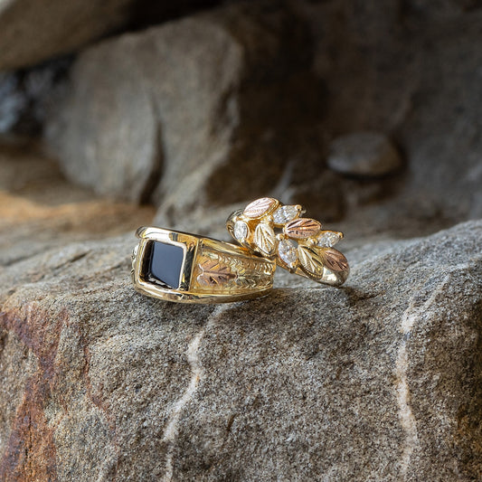 10K yellow gold men's square onyx ring by Landstrom's Black Hills Gold, styled view
