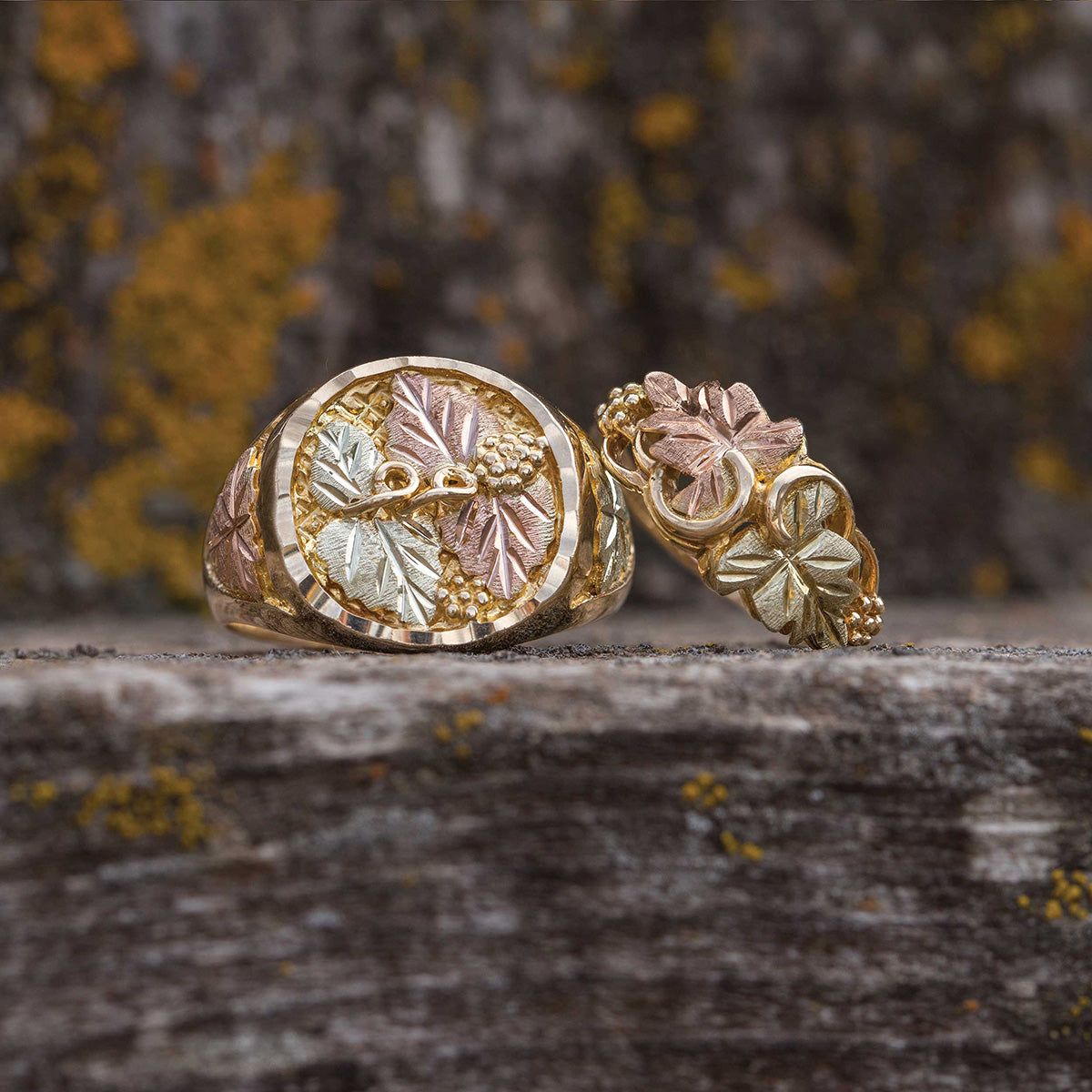 10K yellow gold men's grape and leaf circle ring by Landstrom's Black Hills Gold, styled view