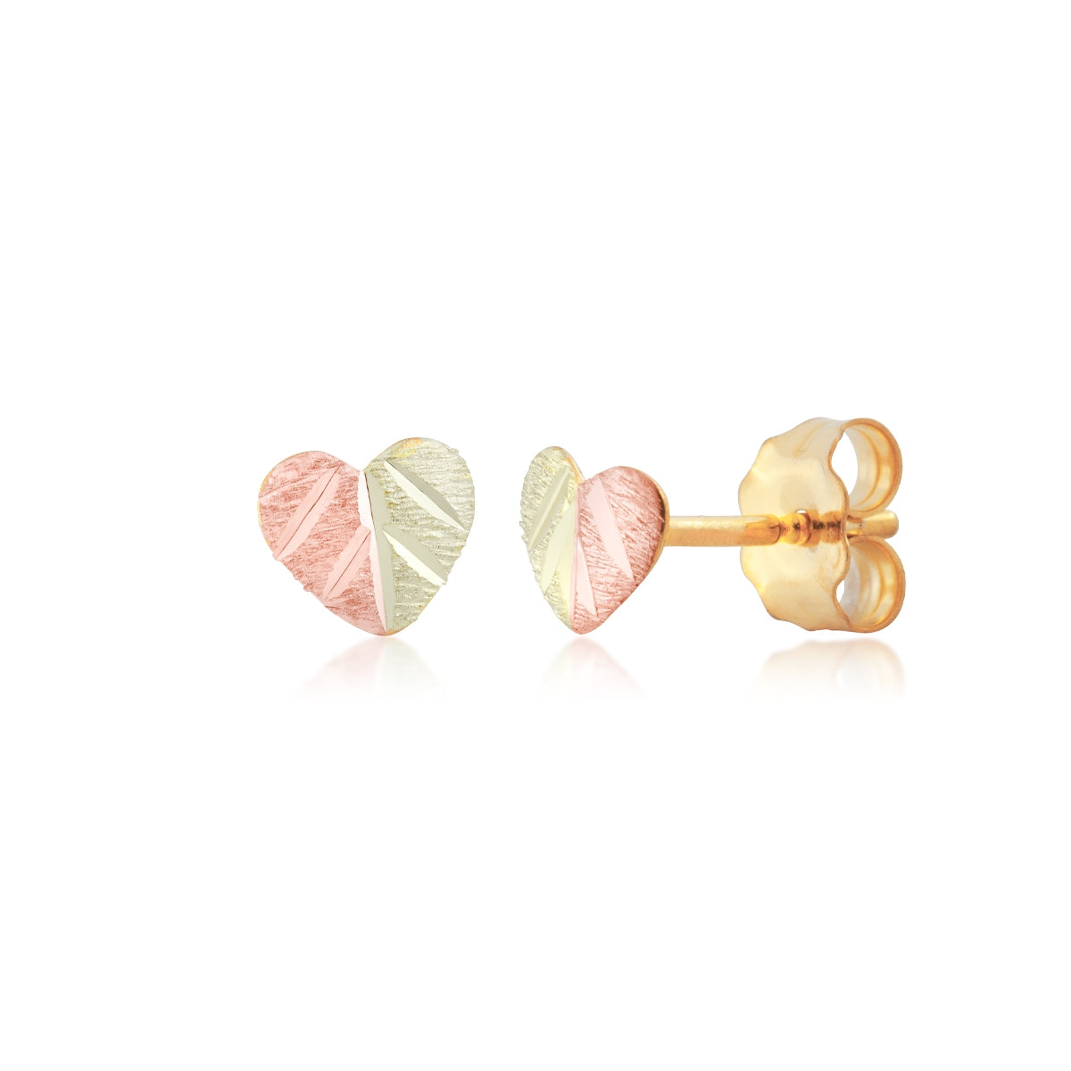 Two-tone heart stud earrings in 12K pink and green gold by Landstrom's Black Hills Gold