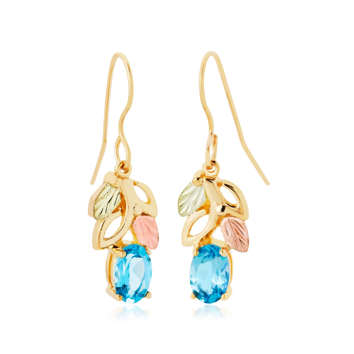 10K yellow gold oval blue topaz leaf dangle earrings by Landstrom's Black Hills Gold