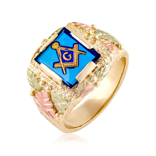 10K yellow gold synthetic rectangle blue spinel masonic ring by Landstrom's Black Hills Gold