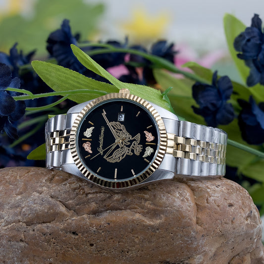 Men's quartz white and gold-tone stainless steel watch featuring eagle black dial by Landstrom's Black Hills Gold, styled view