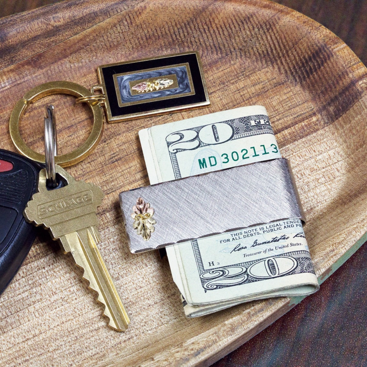 Double leaf and grape lined money clip by Landstrom's Black Hills Gold, additional view