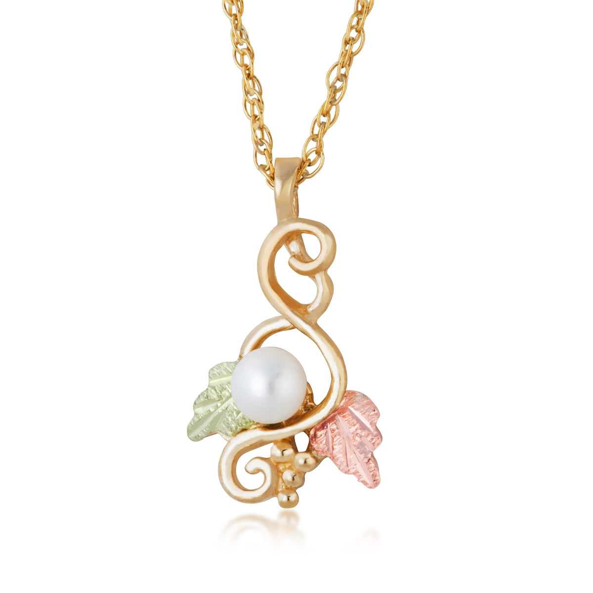 10K yellow gold cultured freshwater pearl curved grapevine pendant by Landstrom's Black Hills Gold