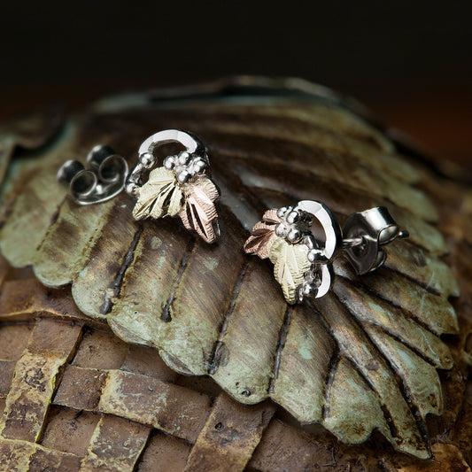 Sterling silver leaf and grape earrings by Landstrom's Black Hills Gold, styled view