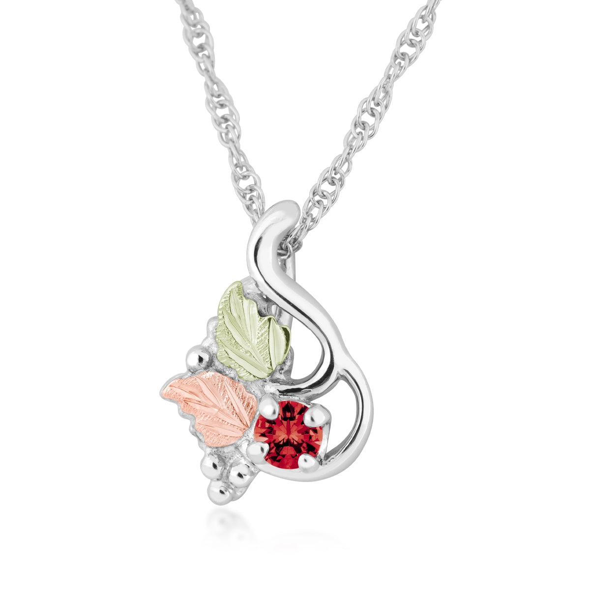 Sterling silver synthetic round garnet and leaf pendant by Landstrom's Black Hills Gold