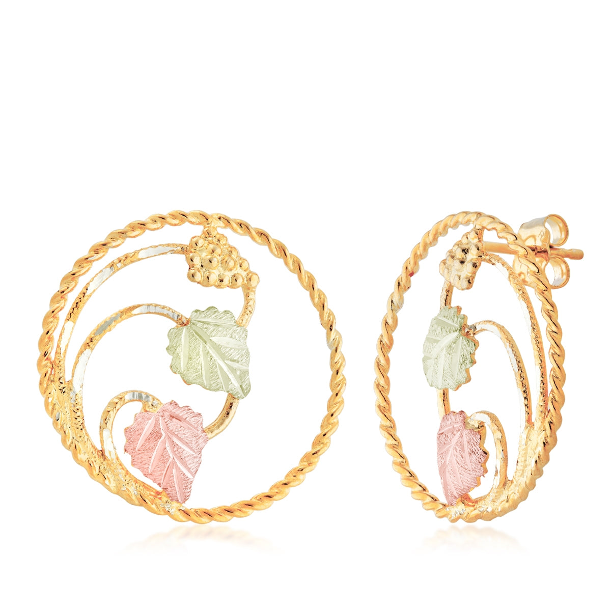 10K yellow gold double leaf and vine rope texture circle earrings by Landstrom's Black Hills Gold