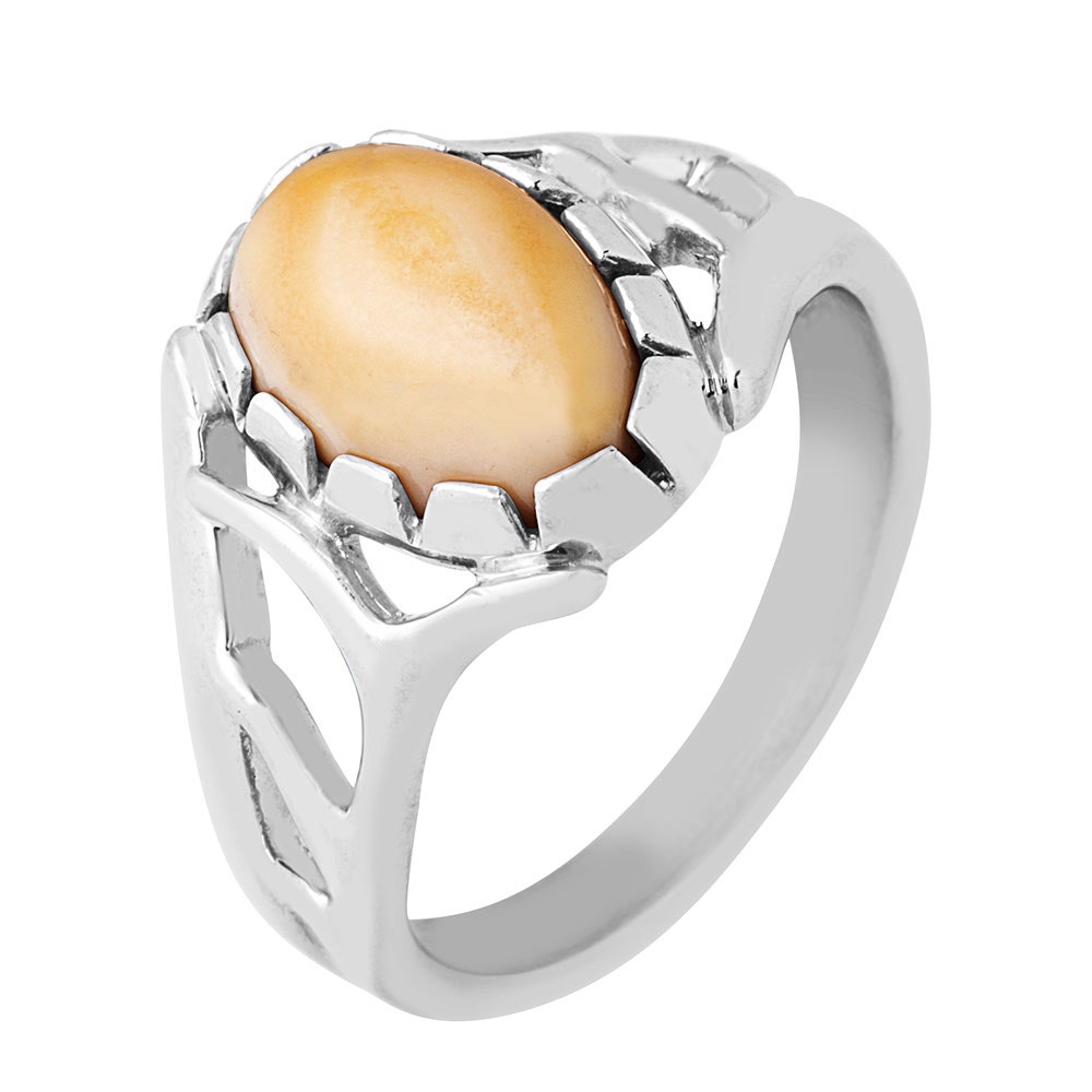 Sterling silver women's elk ivory cabochon cut ring, close-up view