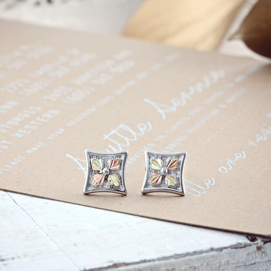 Sterling silver concave square earrings by Landstrom's Black Hills Gold, styled view