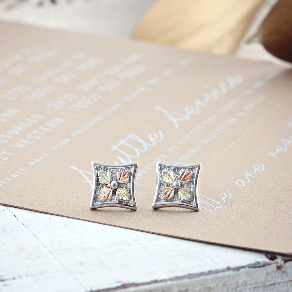 Sterling silver concave square earrings by Landstrom's Black Hills Gold, styled view