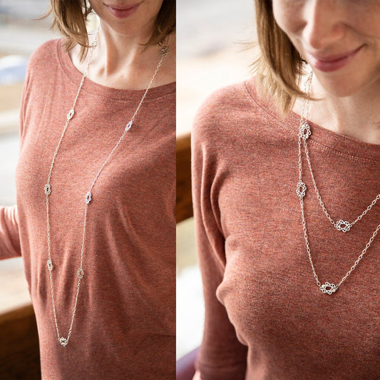 Sterling silver 40" station necklace by Landstrom's Black Hills Gold, shown worn