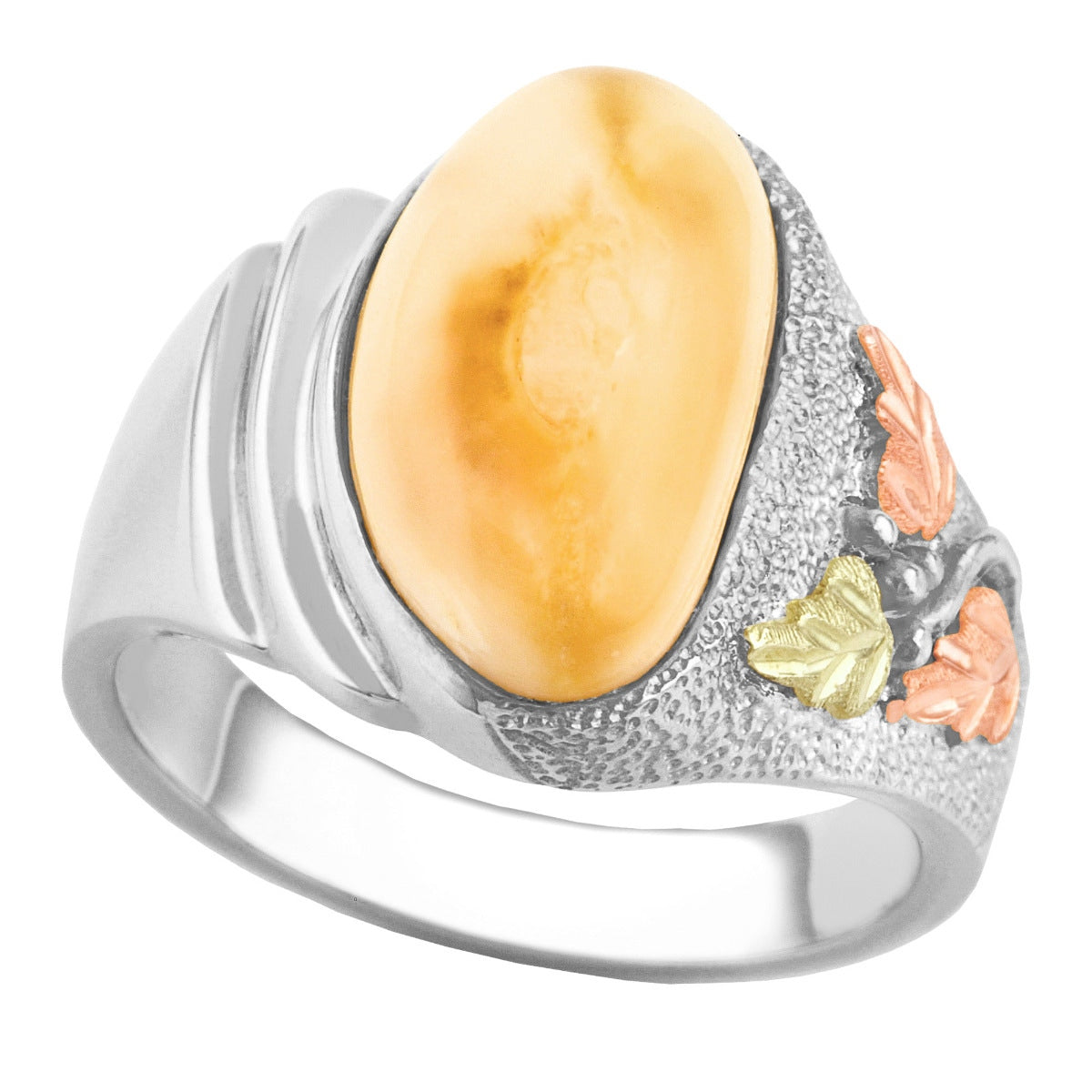 Sterling silver women's elk ivory Black Hills Gold ring, Mystic design