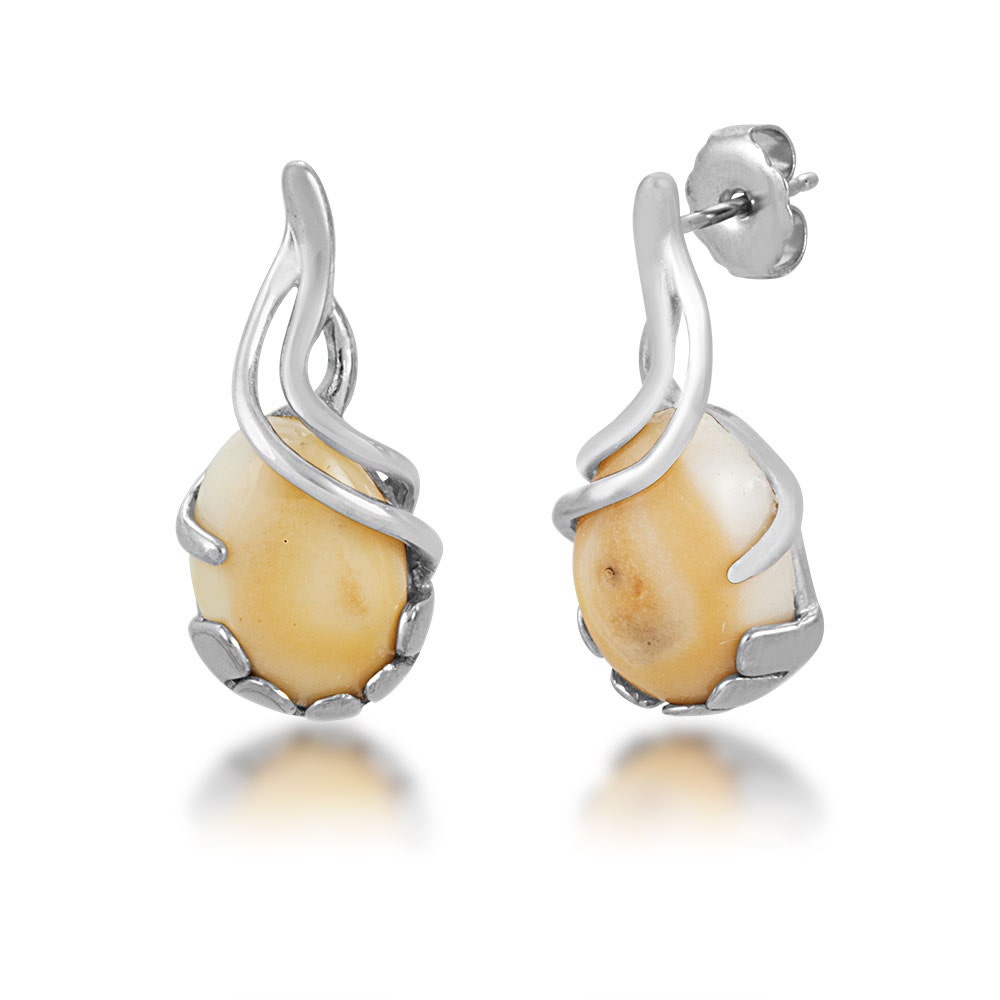 Sterling silver women's elk ivory cabochon cut dangle earrings featuring spiral setting