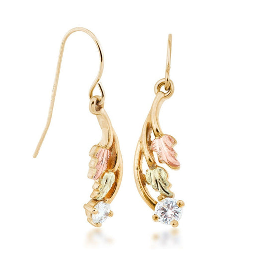 10K yellow gold noventa and Black Hills Gold 1/5 ct. tw. round diamond leaf dangle earrings