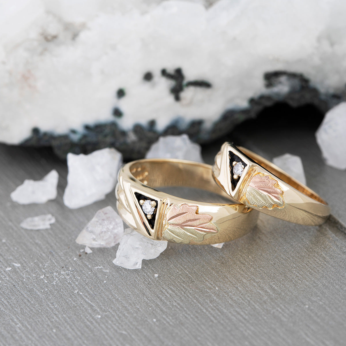 10K yellow gold diamond accent two-tone leaf wedding ring by Landstrom's Black Hills Gold, styled view