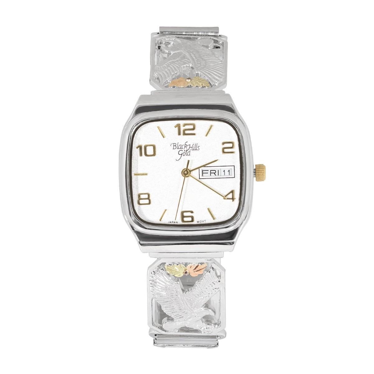 Men's quartz stainless steel eagle watch featuring square white dial by Mt. Rushmore Black Hills Gold