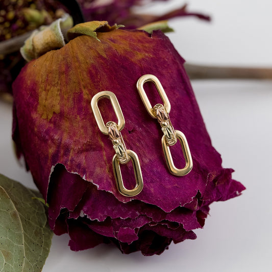 10K yellow gold link dangle earrings by Landstrom's Black Hills Gold, styled view
