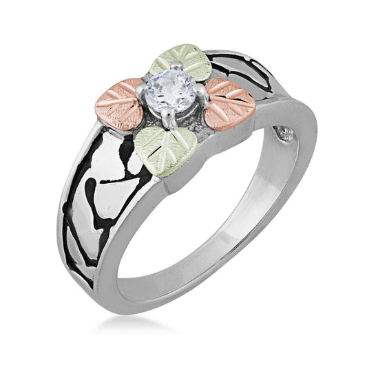 Sterling silver round white cubic zirconia four leaf ring by Mt. Rushmore Black Hills Gold