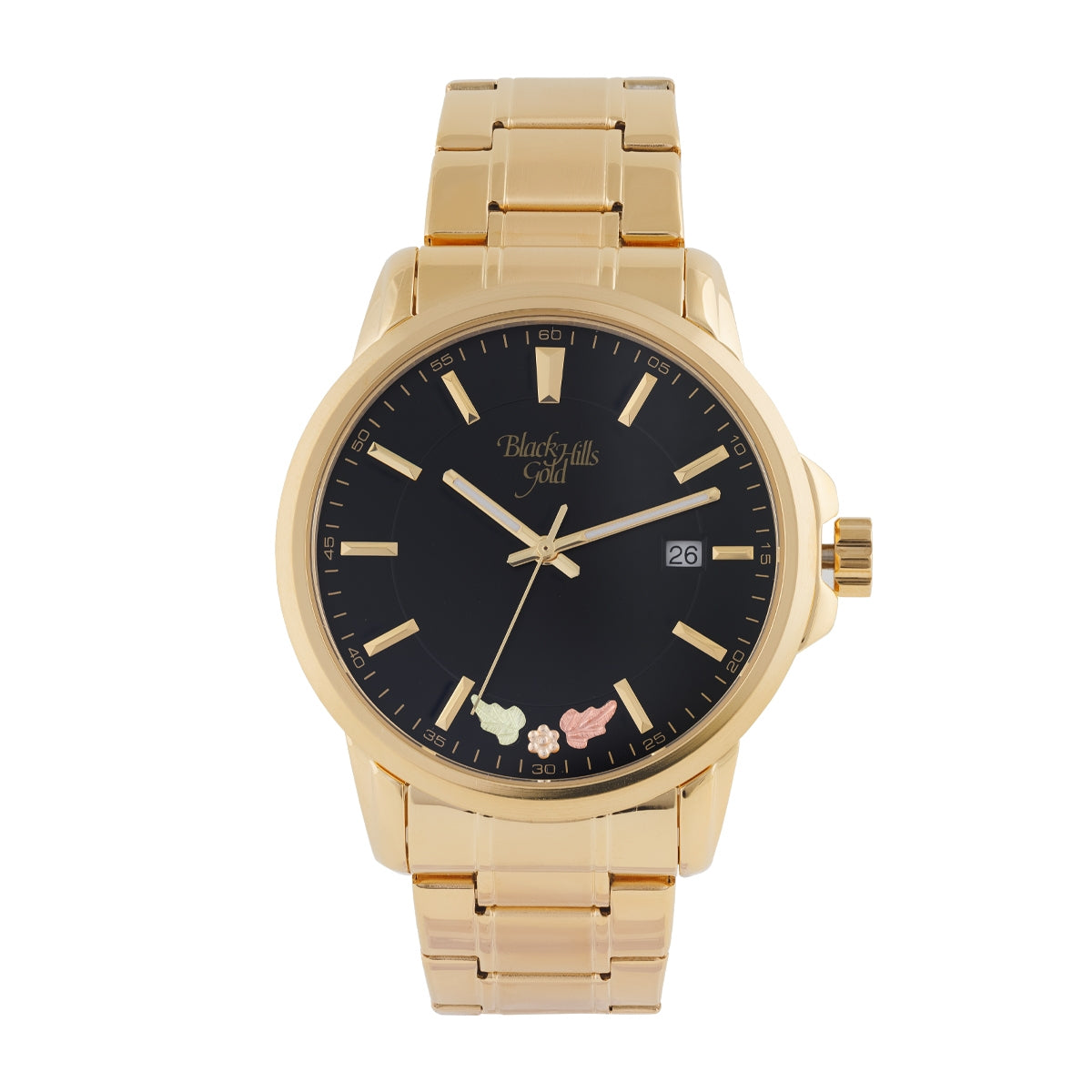 Men's quartz gold-tone stainless steel watch featuring black dial by Mt. Rushmore Black Hills Gold