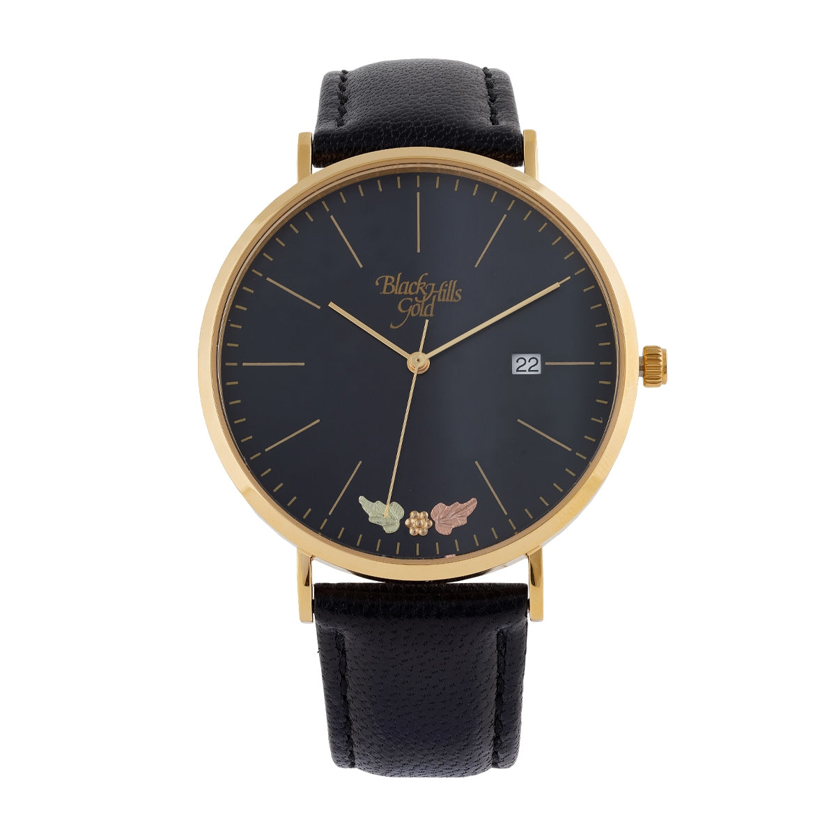 Men's quartz gold-tone stainless steel watch featuring black dial and leather strap by Mt. Rushmore Black Hills Gold