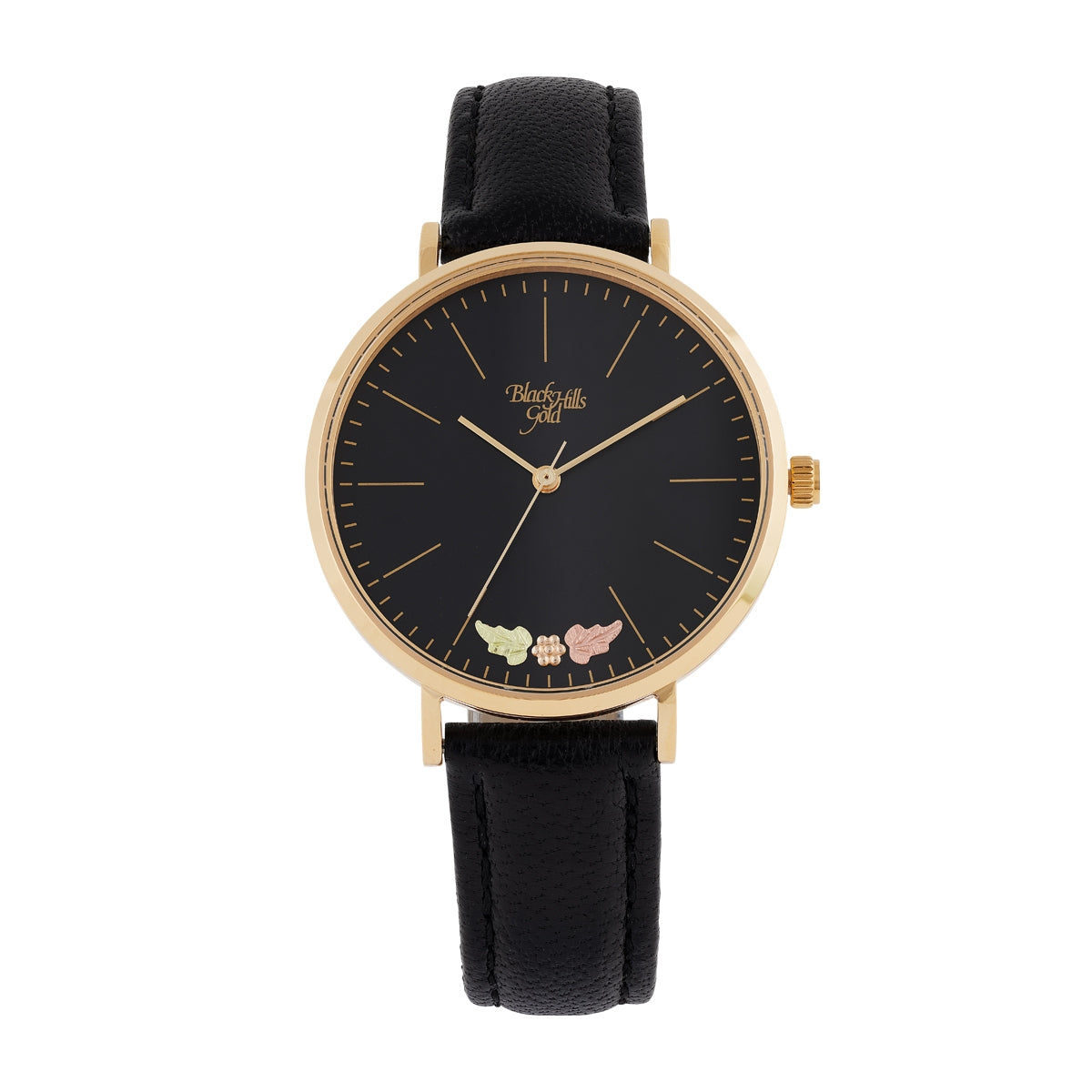Women's quartz gold-tone stainless steel watch featuring black dial and leather strap by Mt. Rushmore Black Hills Gold