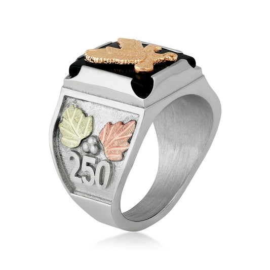sterling silver eagle square onyx ring with pink and green gold leaves