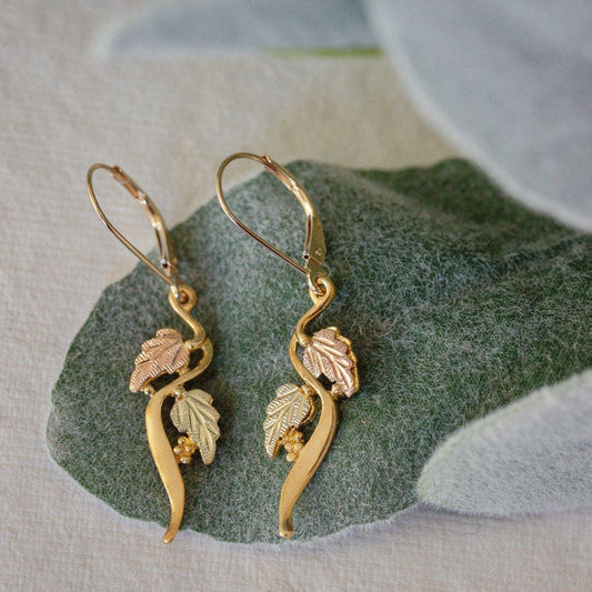 10K yellow gold grapevine double leaf curved dangle earrings by Mt. Rushmore Black Hills Gold