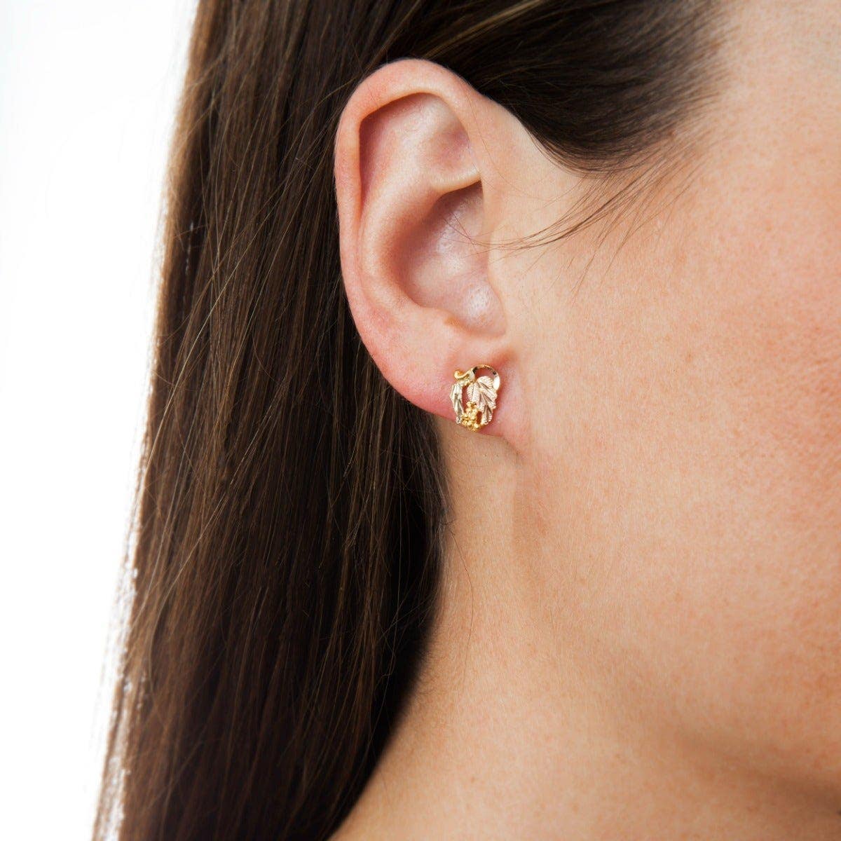 10K yellow gold small grapevine and double leaf cluster earrings by Mt. Rushmore Black Hills Gold