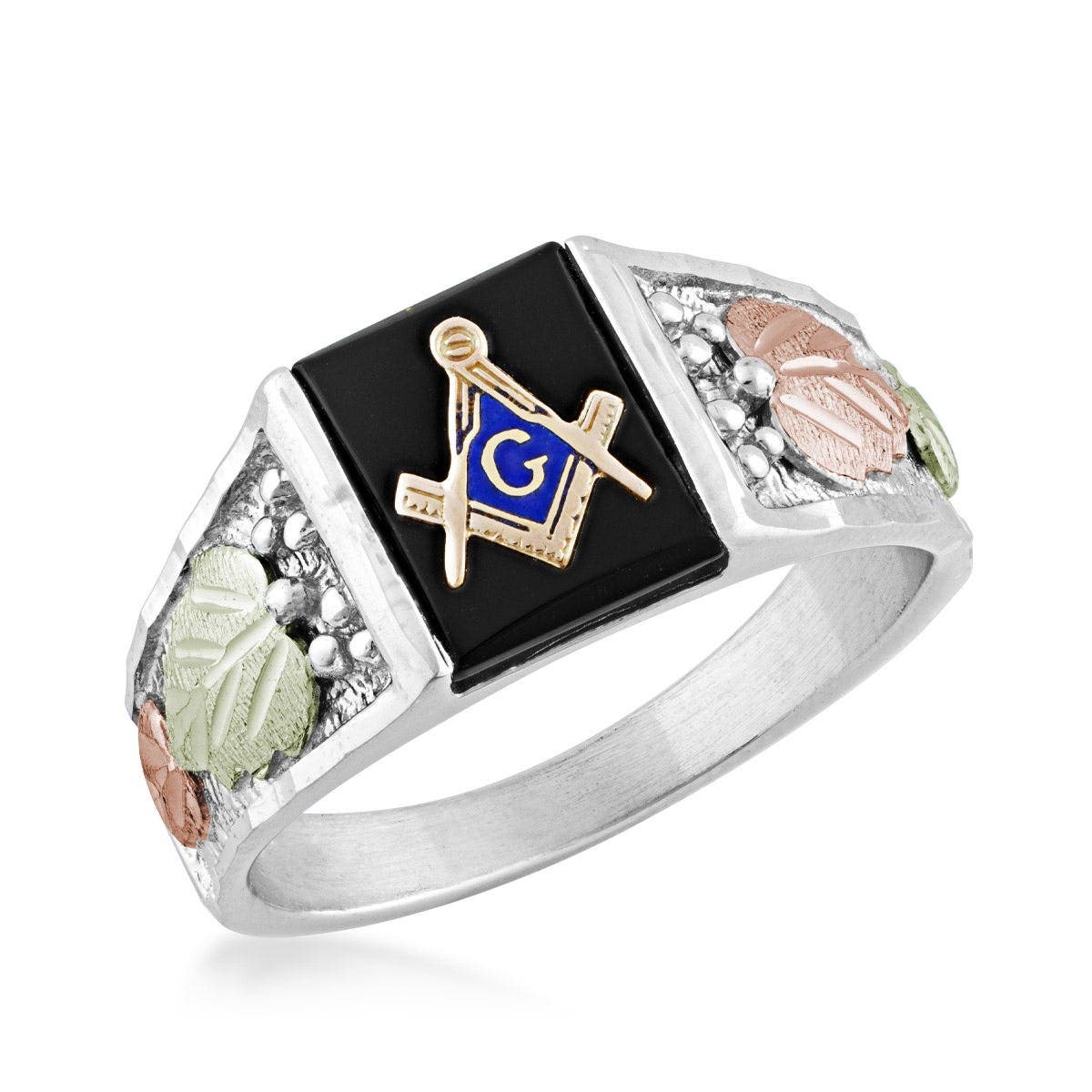 Sterling silver men's rectangle onyx masonic ring by Mt. Rushmore Black Hills Gold