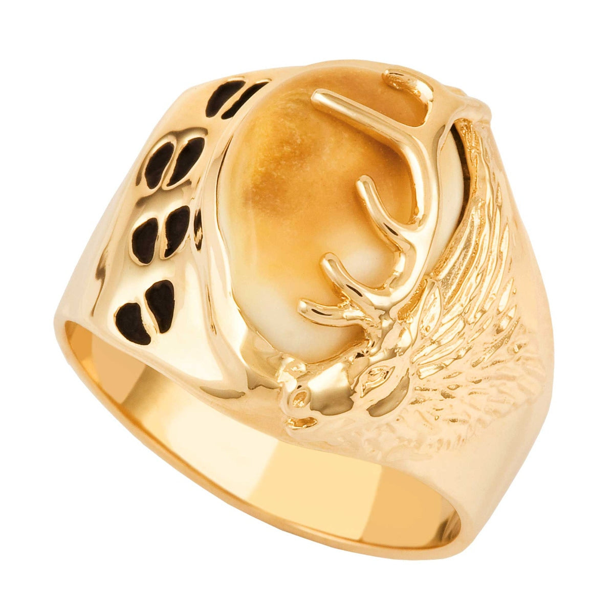 10K yellow gold men's elk ivory ring, Tracker design