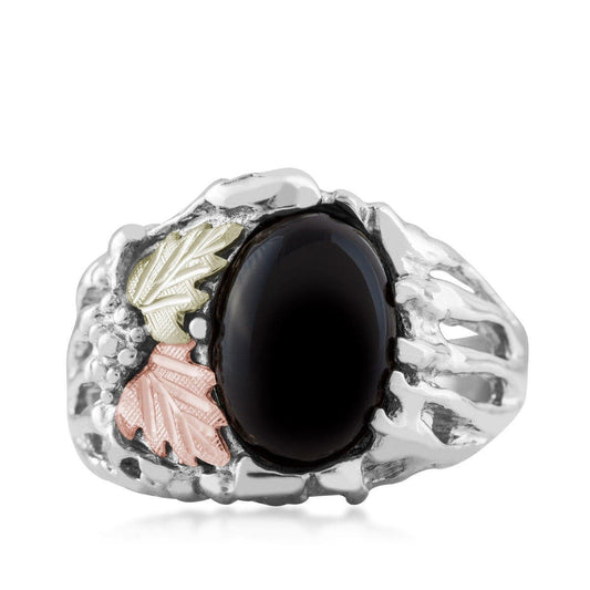 Sterling silver men's oval onyx and leaf ring by Mt. Rushmore Black Hills Gold