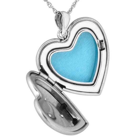 Stainless steel large heart locket featuring flower etching by Mt. Rushmore Black Hills Gold, shown open