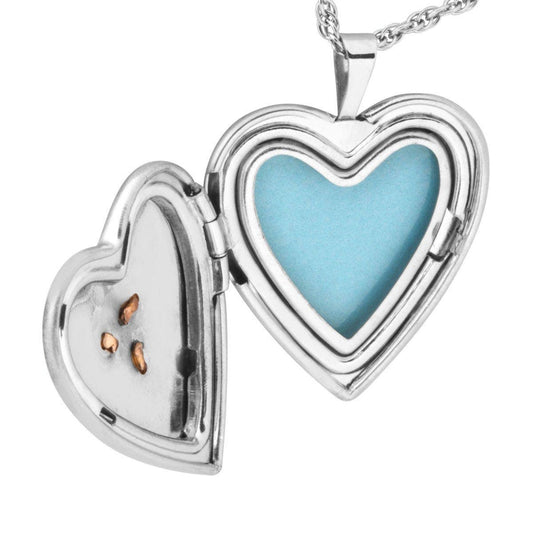 Stainless steel small heart locket featuring flower etching by Mt. Rushmore Black Hills Gold, shown open