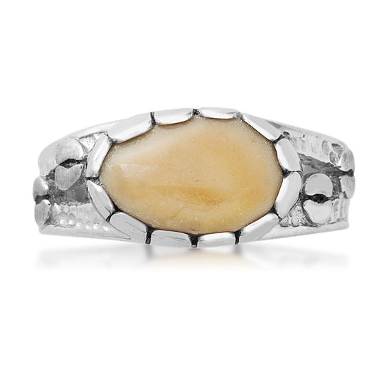 Sterling silver women's elk ivory cabochon cut ring featuring hoof track band