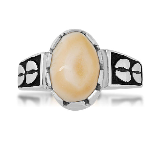 Sterling silver women's elk ivory cabochon cut ring featuring track and black enamel accented band