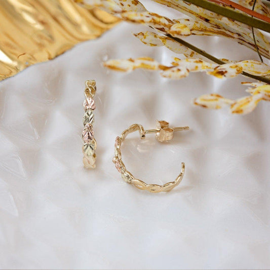 10K yellow gold pink and green leaf twist j hoop earrings by Mt. Rushmore Black Hills Gold