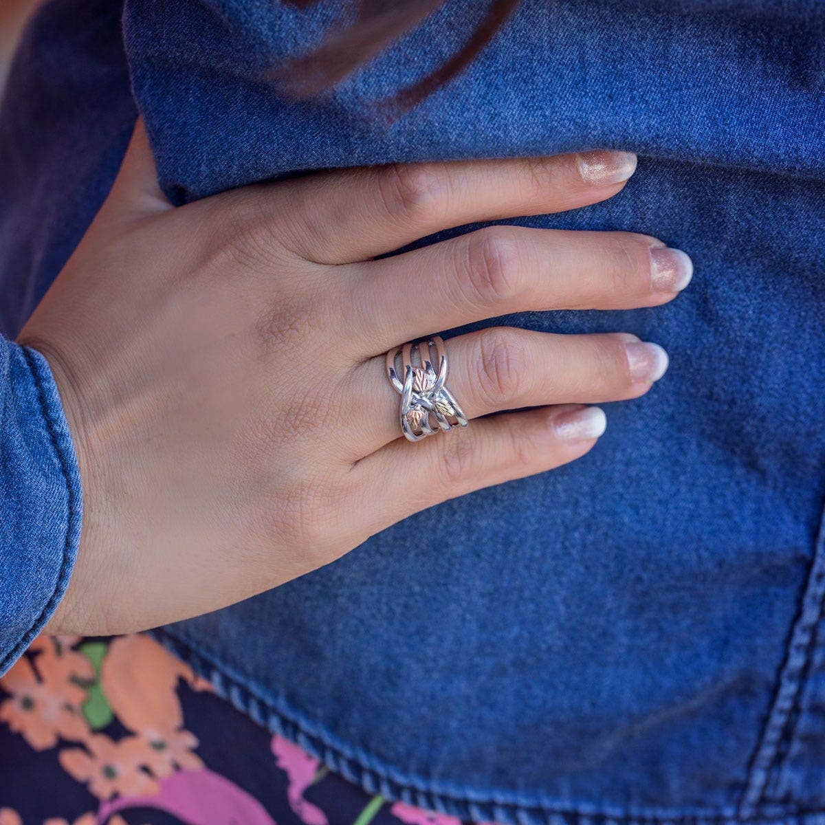 Sterling silver three leaf crossover ring by Mt. Rushmore Black Hills Gold, side view