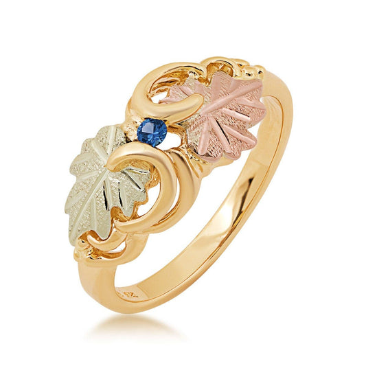 10K yellow gold round Yogo sapphire vine and leaf ring with Black Hills Gold detailing