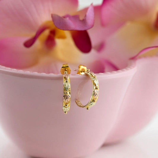 10K yellow gold pink and green leaf j hoop earrings by Mt. Rushmore Black Hills Gold
