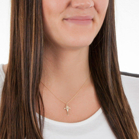 10K yellow gold rose and green leaf cross pendant by Mt. Rushmore Black Hills Gold