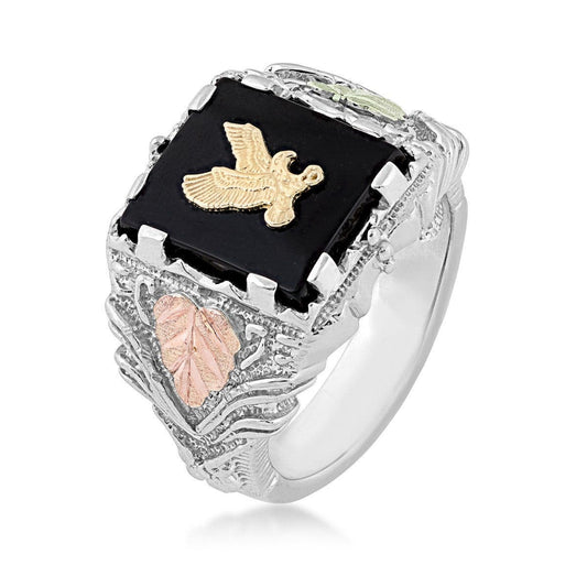Sterling silver and 10K yellow gold men's rectangle onyx and textured eagle ring by Mt. Rushmore Black Hills Gold
